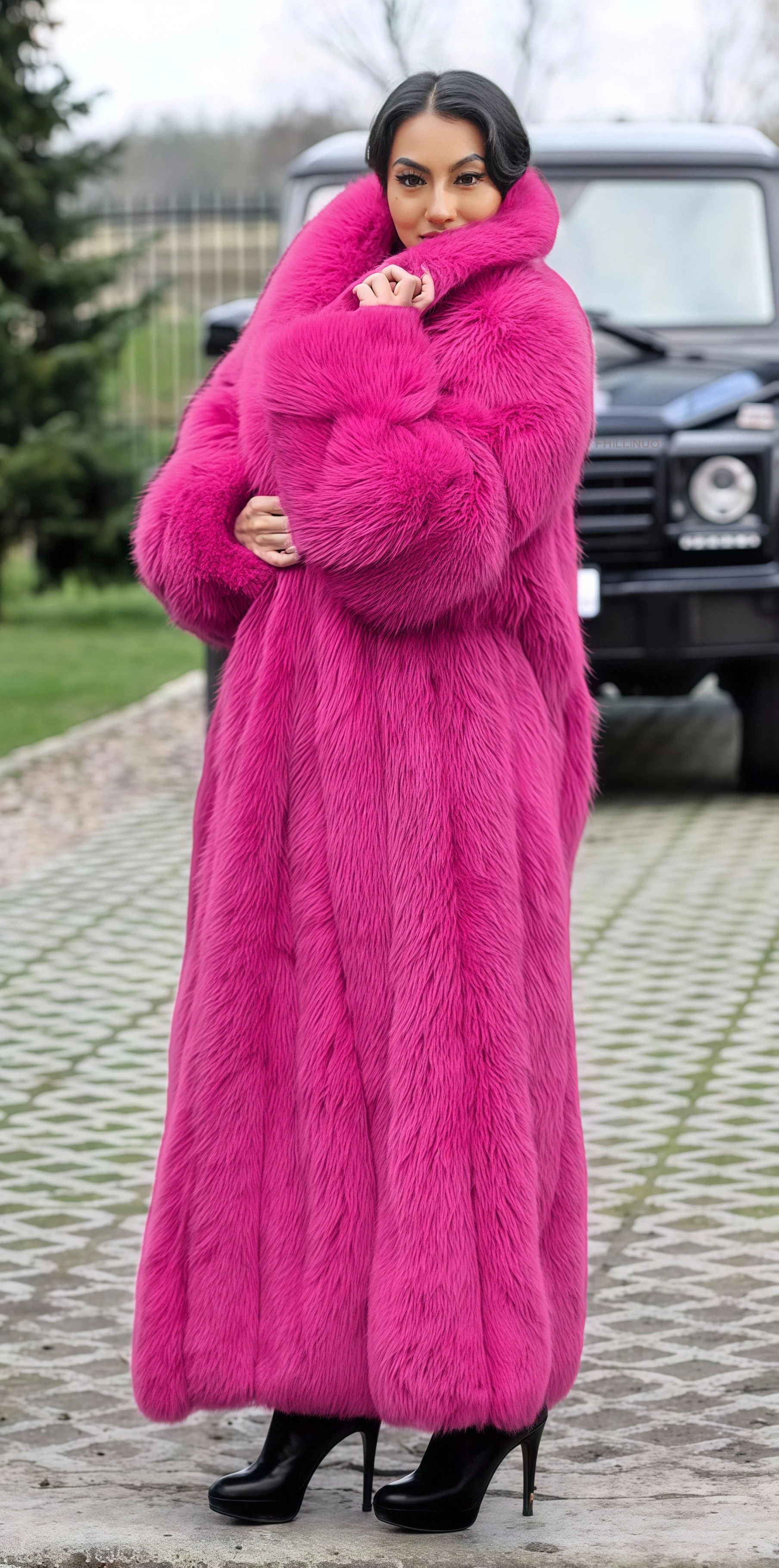 حجم كبير موضة الشتاء الجديدة الفتيات الوردي طويل التلبيب معطف الفرو المرأة معطف حراري سميك رقيق فو الثعلب معطف الفرو