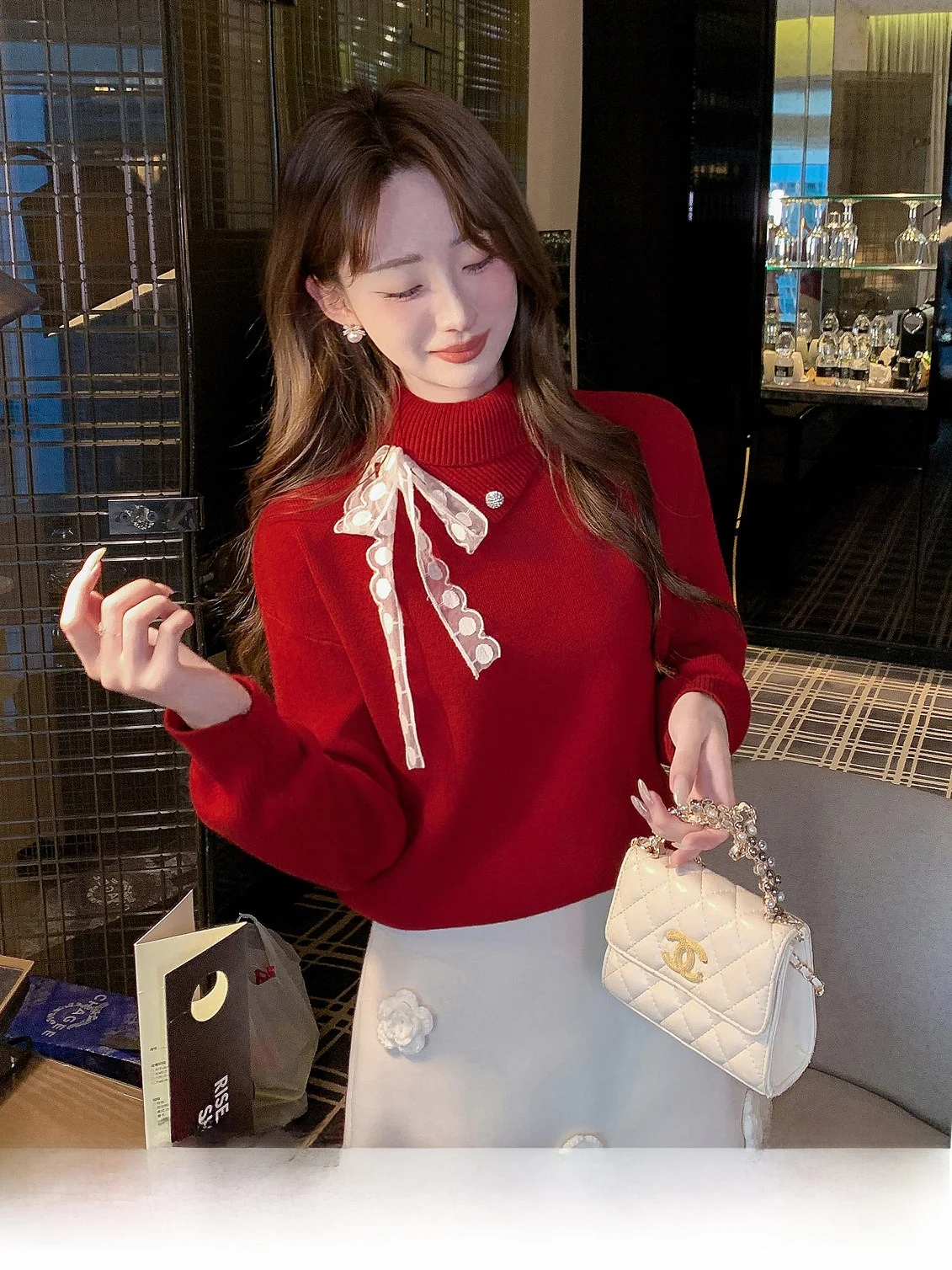 

Windsor Castle Design Knitted Sweater Women's Winter New Style Elegant Top Collar Bow Tie Layered Neckline Fashionable Lady's...
