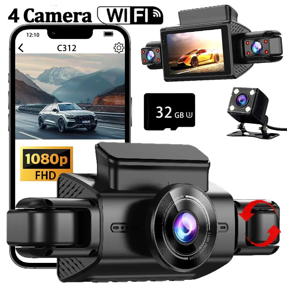 4 Channel Hidden Dash Cam with APP 1080HD Night Vision 24/7 Parking Monitor G-Sensor Loop Recording Motion Detection  Blackbox