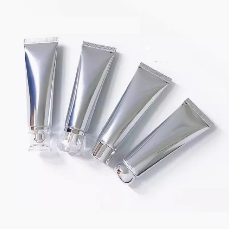 50Pcs Silver Aluminum Plastic Bottle Airless Press Pump Empty Squeeze Soft Tube Cream Cosmetic Refillable Container Acrylic Lid