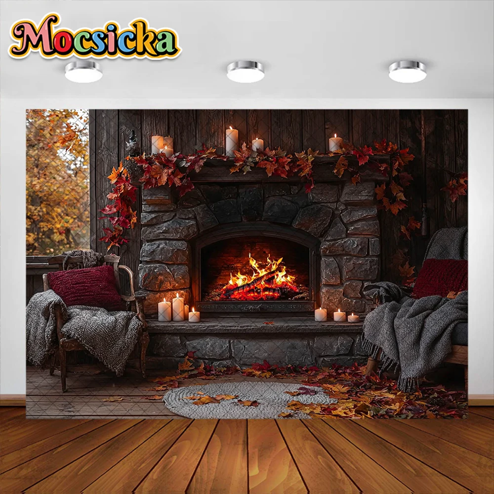 Осенний фон для фотосъемки с изображением кленового листа и камина