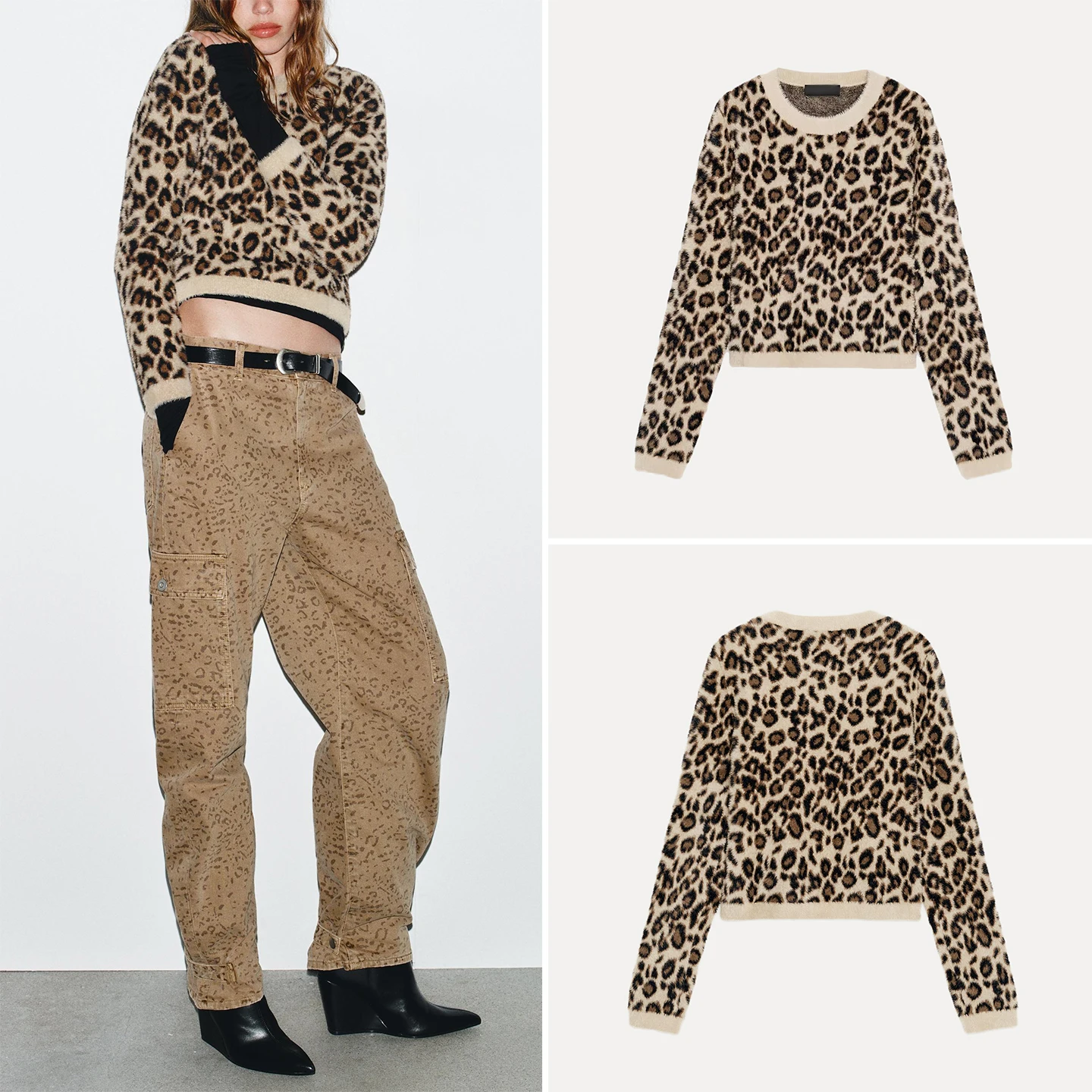 

Модный трикотажный топ с животным принтом для женщин, повседневный, с круглым вырезом, коротким и длинным рукавом, осенняя новинка, бренд Z