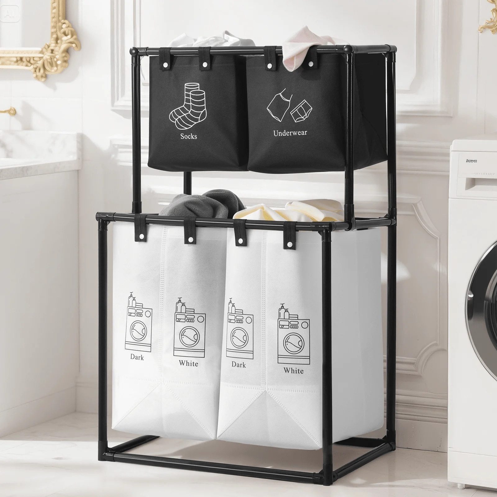 

Upgraded 2 Tier Divided Laundry Hamper 4 Removable Canvas Bags, For Storing Family Clothes,Laundry Basket & Toy Organizer
