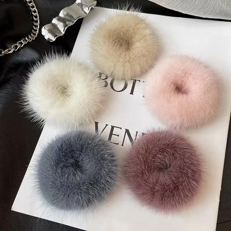 Fashion Hair Rope Real Mink Fur Elastic Bands Woman Luxury Genuine Fur Fluffy Hair Ties Girls Rubber Band Hair Ring Accessories