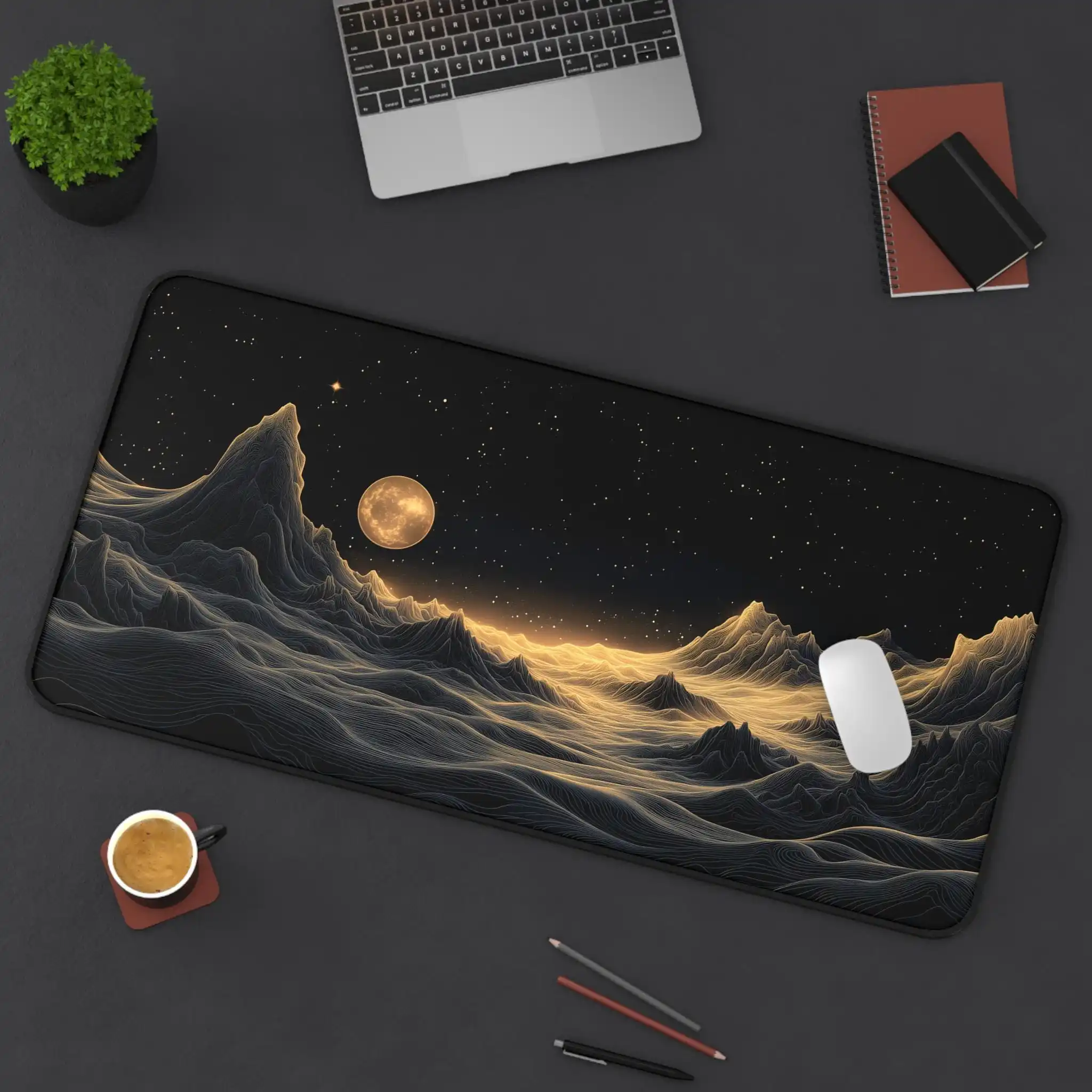 

Ethereal Moon Landscape Desk Mat Digital Art Mountain Game Mousepad Large Desk Pad with Fantastic Night Scenes Golden Peaks XL