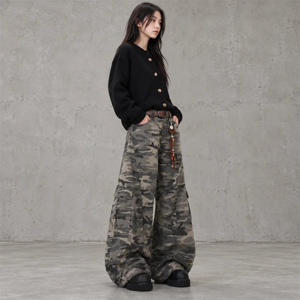 Unisex Camouflage Wide Leg Cargo Jeans Relaxed Barrel Fit Streetwear Denim Pants