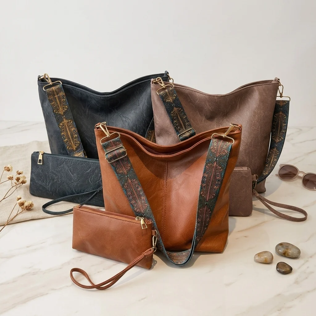 

2-Piece Large Capacity Bohemian Wide Strap Soft PU Tote Bag, Shoulder & Handheld Bag, Ideal Birthday Gift