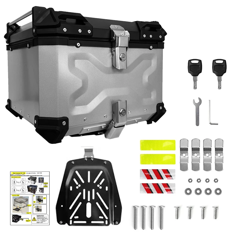 STLF 55L X Design Aluminium Alloy Top Box Silver+Black Motorcycle Rear Case with X Design for Stylish Luggage Storage
