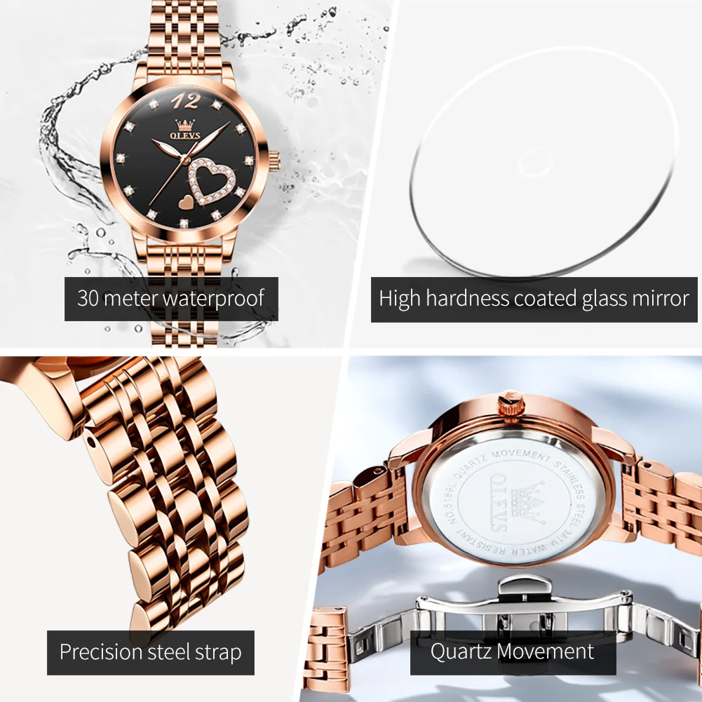 Olevs-女性のための高級クォーツ時計,ステンレス鋼のブレスレット,防水,ハートの形,ファッショナブル,5189