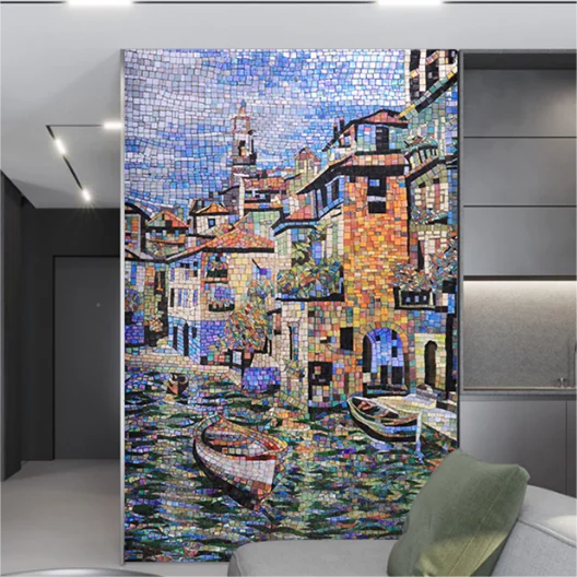 

Hand cut beautiful house pattern art glass mosaic tile mural design for wall decorate