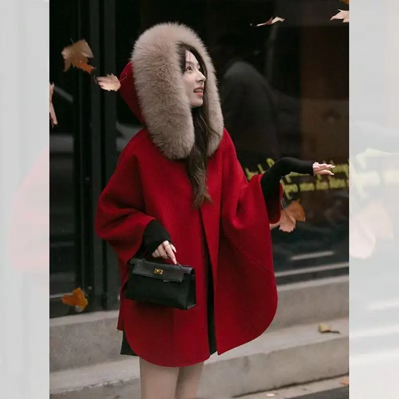 

2025 Christmas Red Hooded Cloak Women's Autumn Winter Overcoat New Chinese Style Plush Collar Coat New Year Suits Female