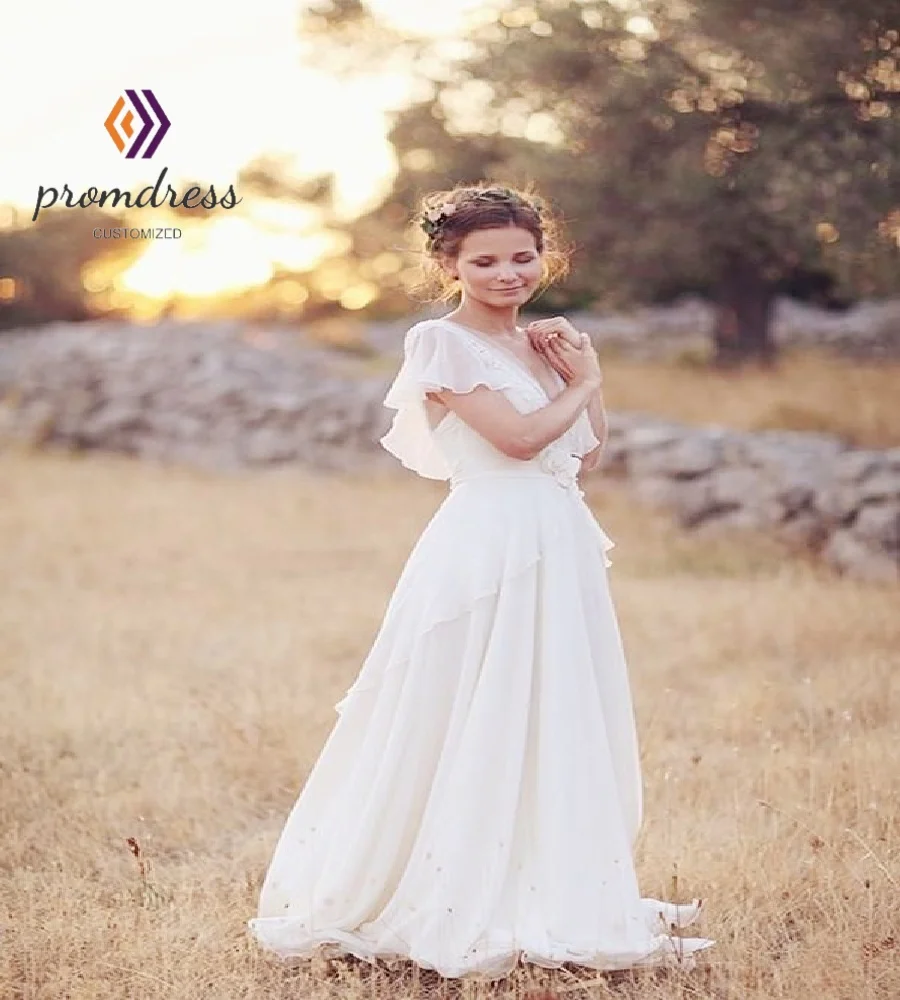 Enchanting Boho Gypsy Wedding Dress 2026 Flutter Sleeve Chiffon Bohemian Bridal Dress Backless Civil Beach Bride Gown Rustic