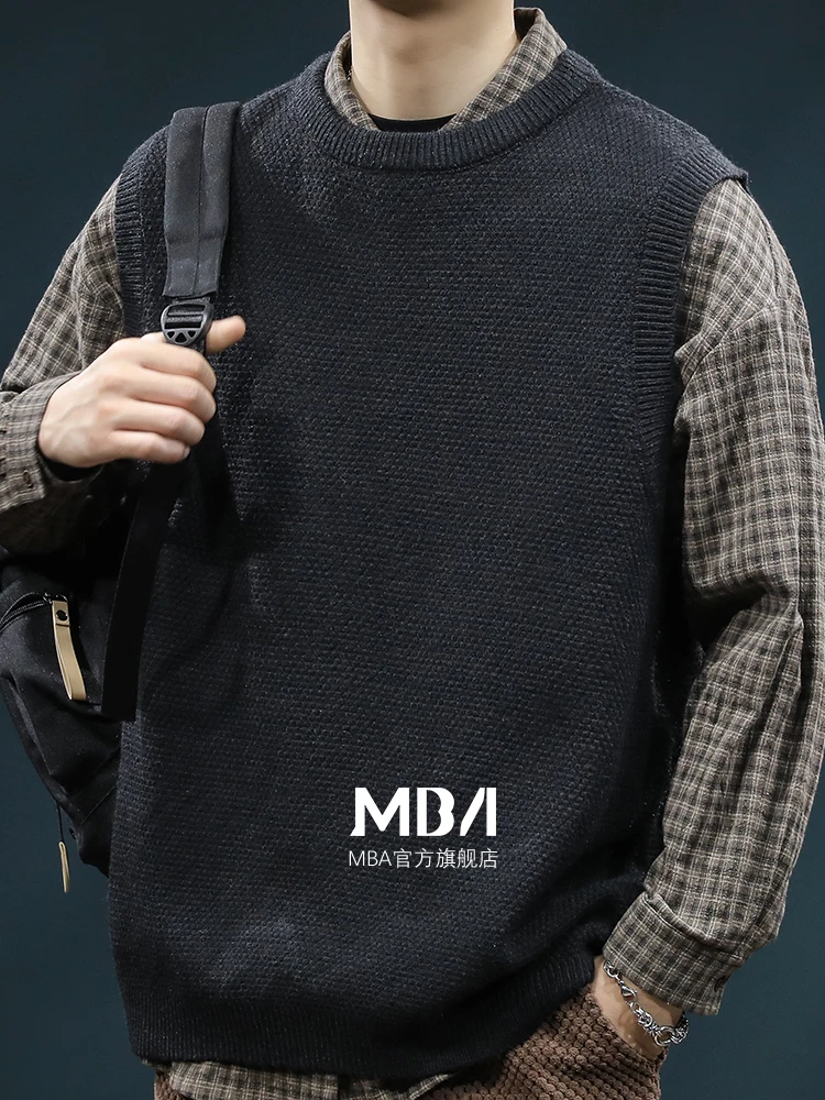 Round Neck Sweater Vest Men's Cotton Black Autumn  Winter Bottoming Pullover Sweater Thickened Warm Inner Knitwear Loose Casual