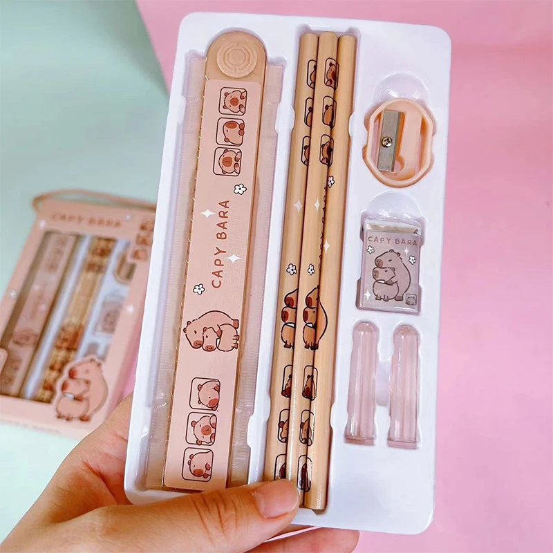 1 مجموعة 8 في 1 طالب القرطاسية كابيبارا قلم رصاص حاكم ممحاة مبراة مجموعة مكتب الملحقات مدرسة الكتابة لوازم الاطفال الهدايا