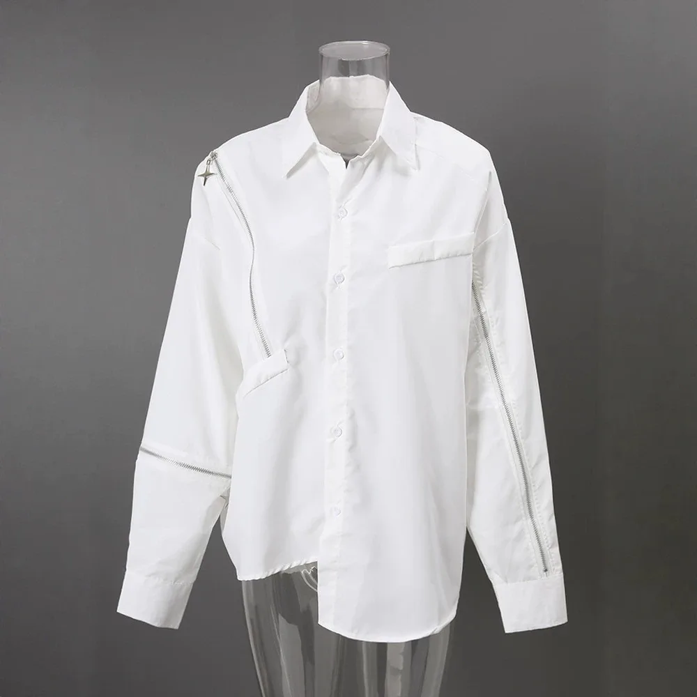 SuperAen European and American Style White Shirt Diagonal Zipper Polo Collar Loose Long-sleeved Unique Design Tops