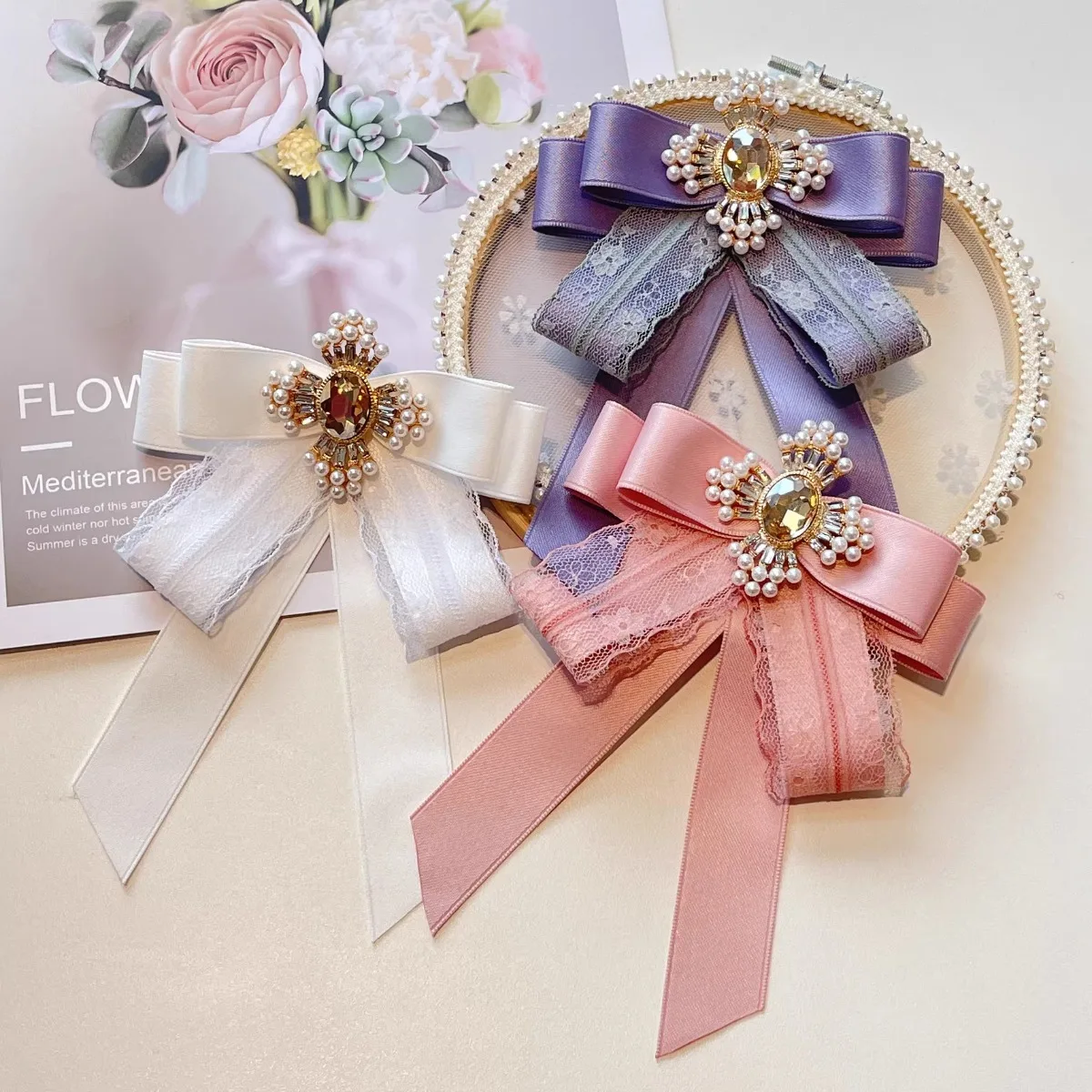 

Fashion Korean Version Pearl Lace Bow Tie Brooch Women's Shirt Dress Collar Ribbon Bowkont Accessories