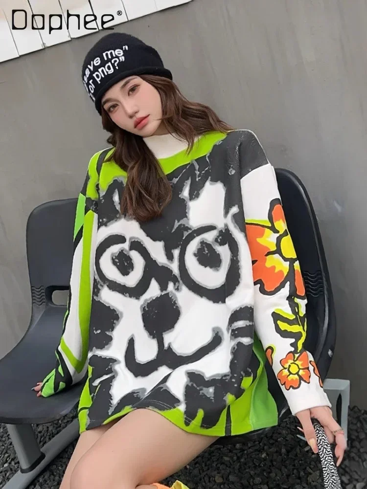 

Street Fashion Bottoming Shirt Tops Autumn Winter Loose Casual Mid Length Graffiti Tie-dye Long-sleeved T-shirt for Women