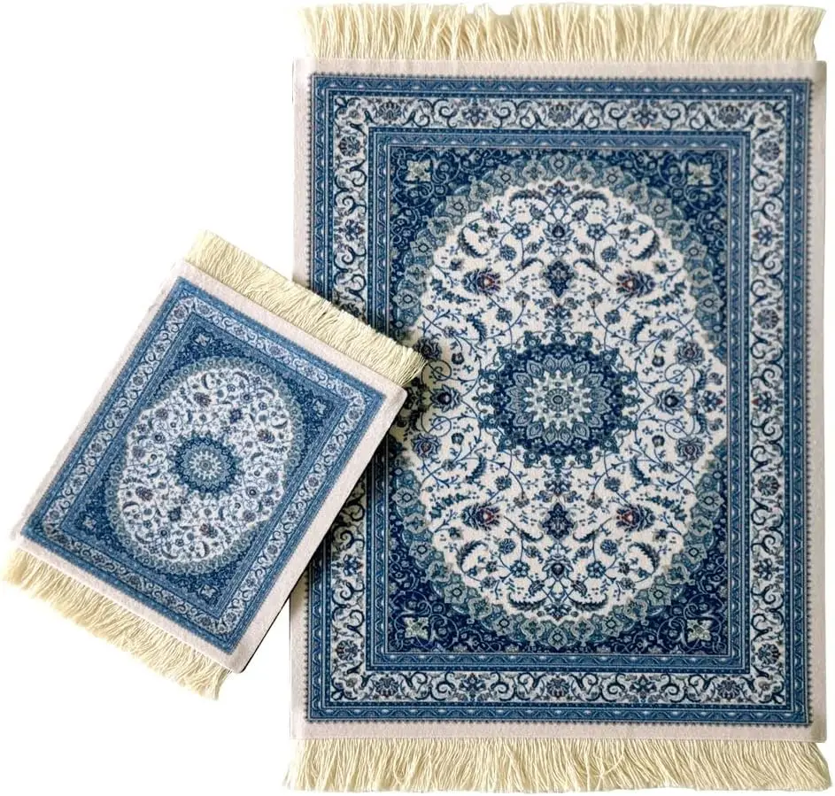 

Rubber Persian Carpet Mouse Pad with Tassels Vintage Oriental Rug Design Non-Slip Desk Mat for PC Gaming Blue White