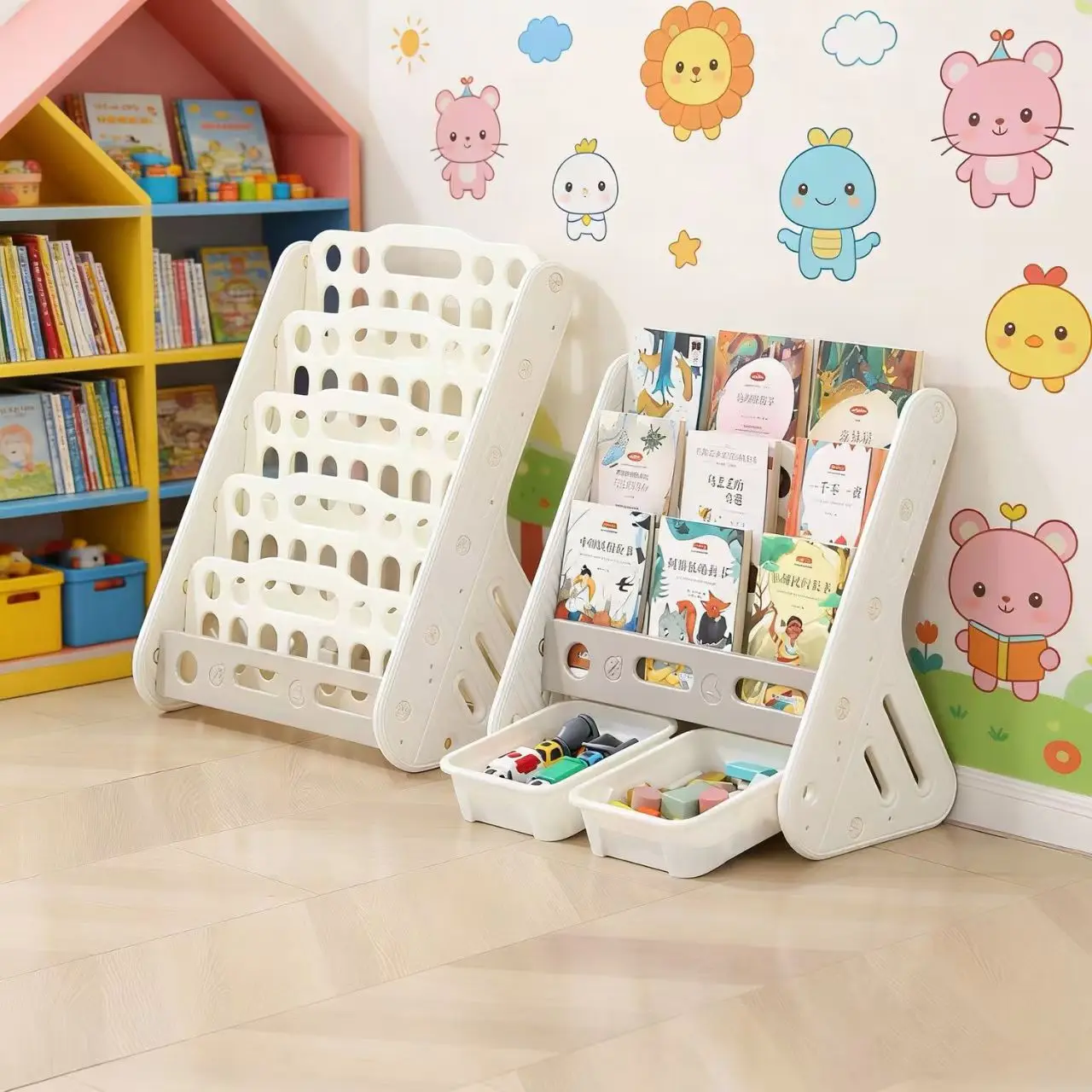 children's-bookshelf-home-two-in-one-multi-layer-storybook-storage-toy-rack-baby-small-floor-infant-bookshelf-organization