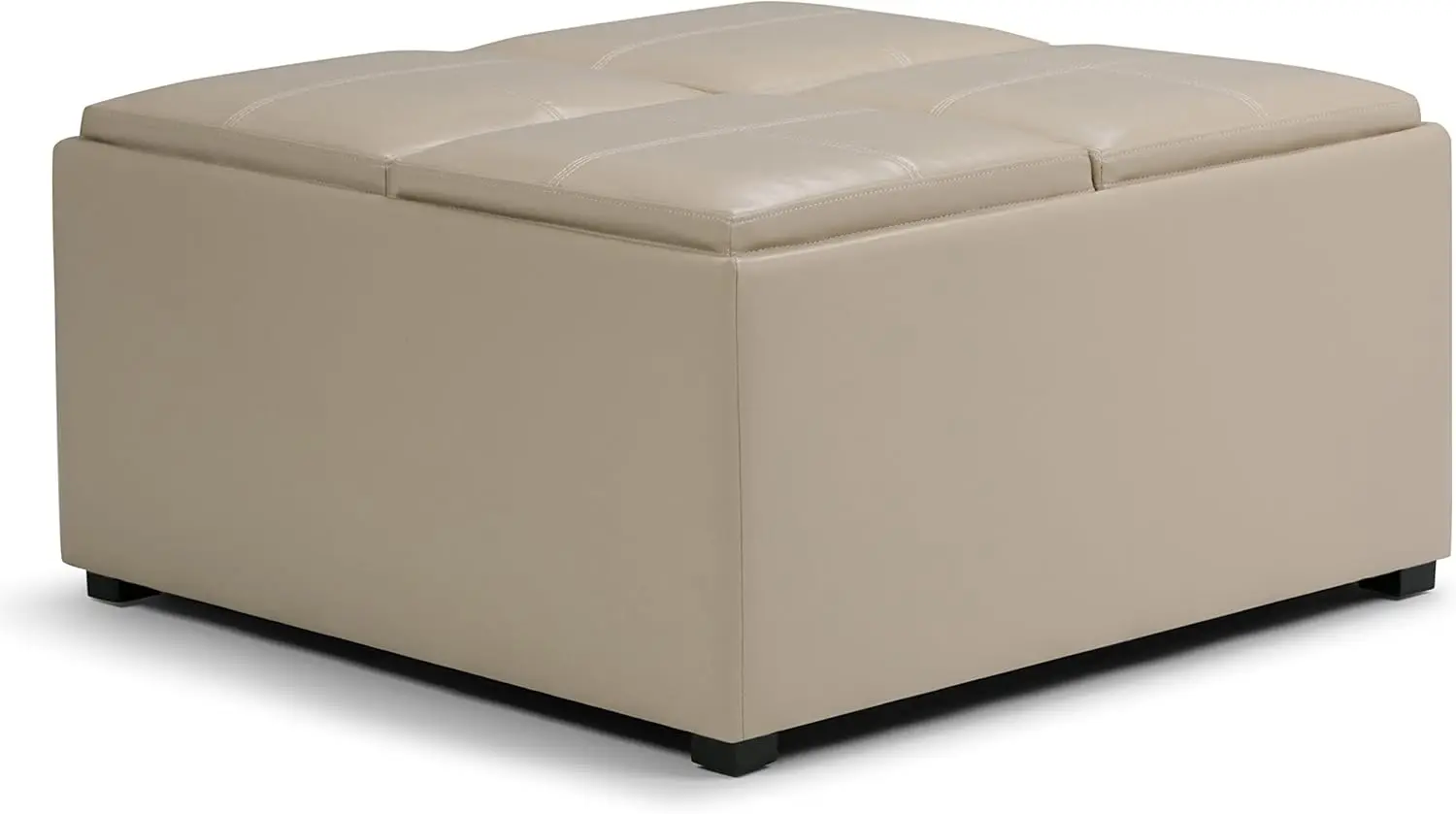 35 inch Wide Contemporary Square Coffee Table Storage Ottoman in Satin Cream Vegan Faux Leather for the Living