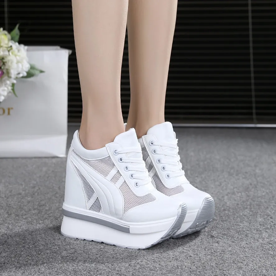 Platform White Sneakers Women 10cm Hidden Wedge Elevator Shoes Breathable Mesh Thick Sole Korean Fashion Casual Footwear