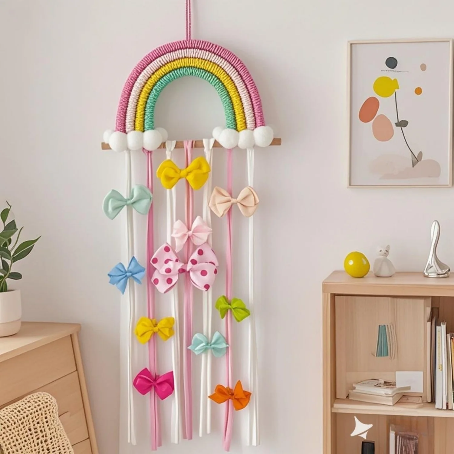 Wall-Mounted Rainbow Hair Accessory Storage, Colorful Yarn With Tassels, Bow Hair Clips For Display and Storage, Home Decoration