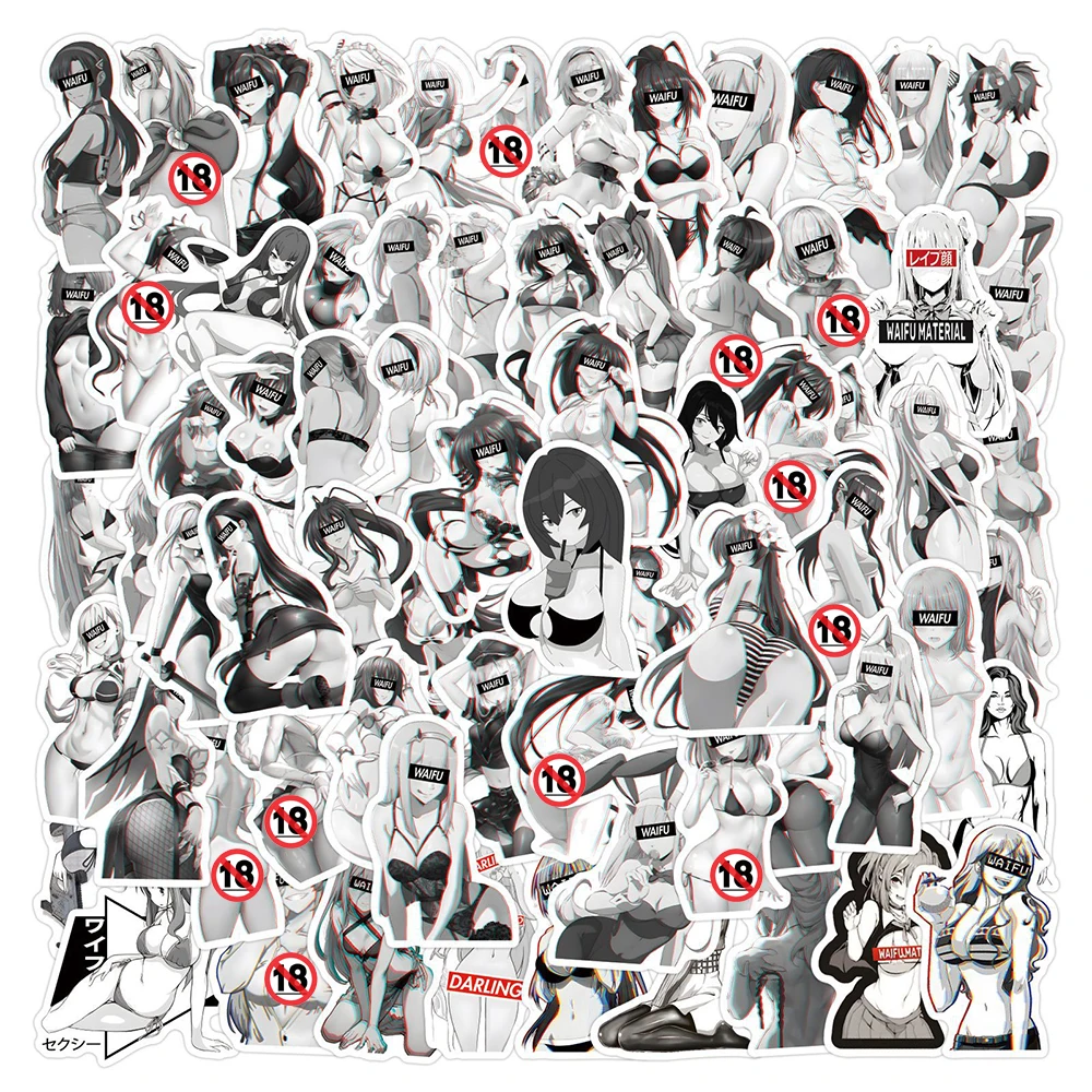 

10/30/50/100pcs Waifu Sexy Anime Girl Stickers Black White Decals DIY Skateboard Phone Diary Waterproof Hentai Sticker for Adult