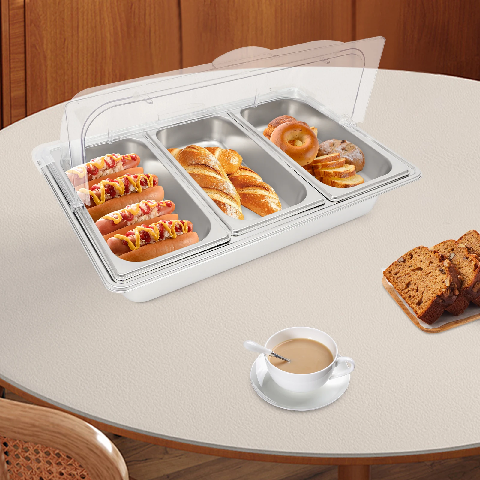 

3-Compartment Stainless Steel Food Serving Display Container with Clear Roll Top Cover, Insulation&Cooling for Buffet Party