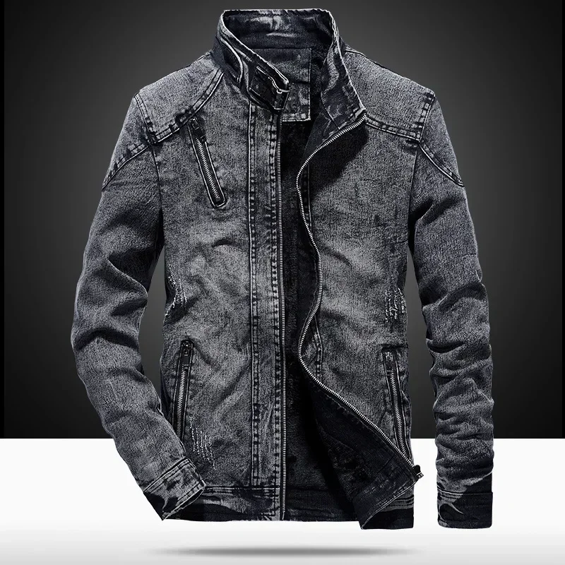 Men\'s Denim Jacket Korean Fashion Light Blue Printed Casual Shirts Denim Black Denim Coats Men Clothing Winter Jacket Men 4XL