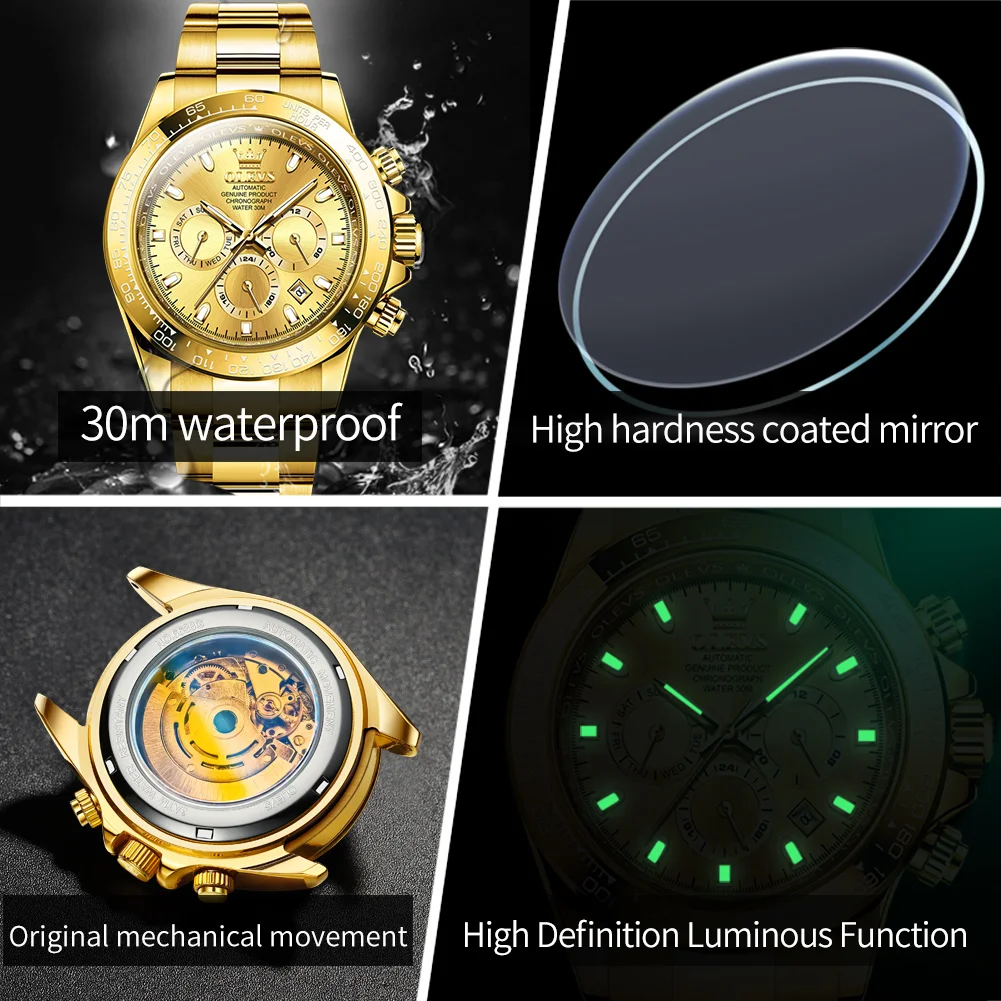 OLEVS 6638 オリジナル機械式メンズ腕時計 ステンレススチール 防水 夜光 曜日カレンダー表示 自動巻き腕時計 メンズ向け