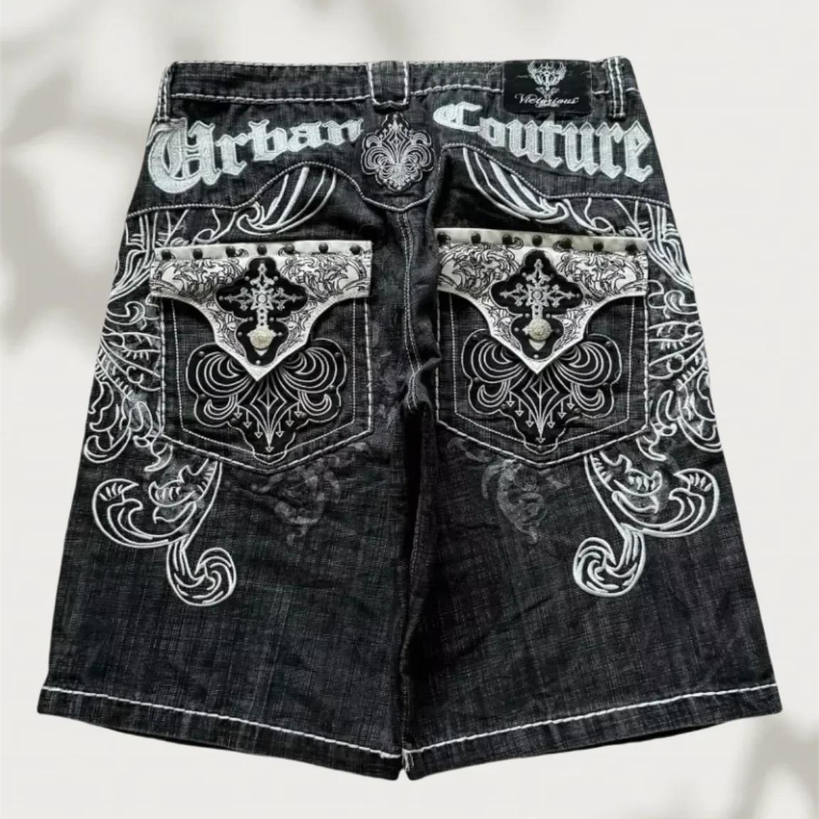شورت جينز فضفاض مطرز بنمط حروف الكتاب المقدس لعام 2025 جينز هاراجوكو هيب هوب أنيق بطول الركبة للجنسين #2