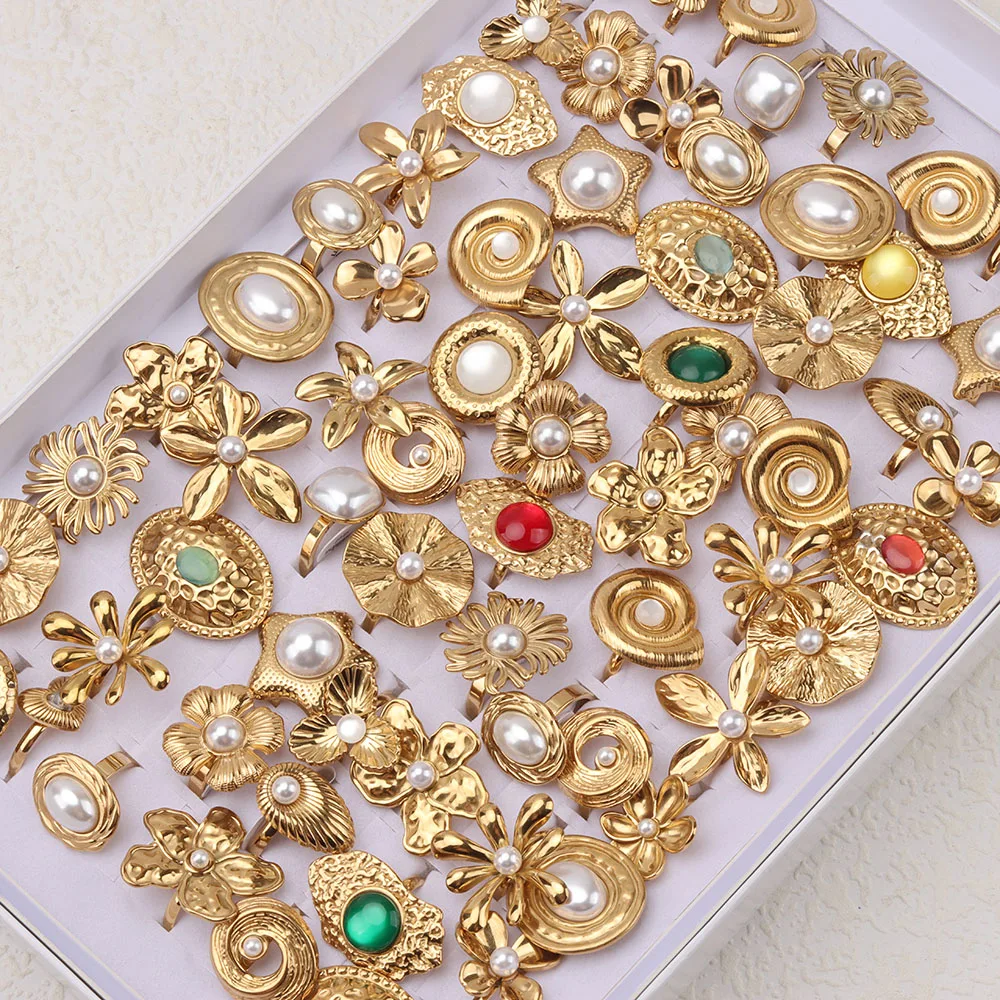 10Pcs/Lot Fashion Stainless Steel Large Flower Women Open Rings Daily Party Jewelry Gifts Randomly Shipped