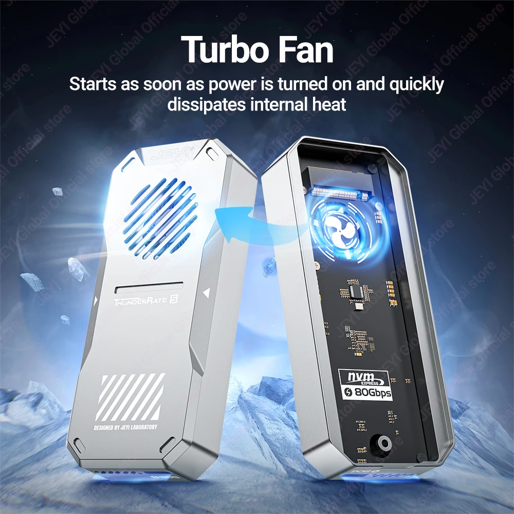 JEYI Thunderbolt 5 M.2 2280 NVMe SSD Enclosure-JHL9480 Chip 80Gb/s Bidirectional Built-in Smart Fan Aluminum Heatsink 8TB Max