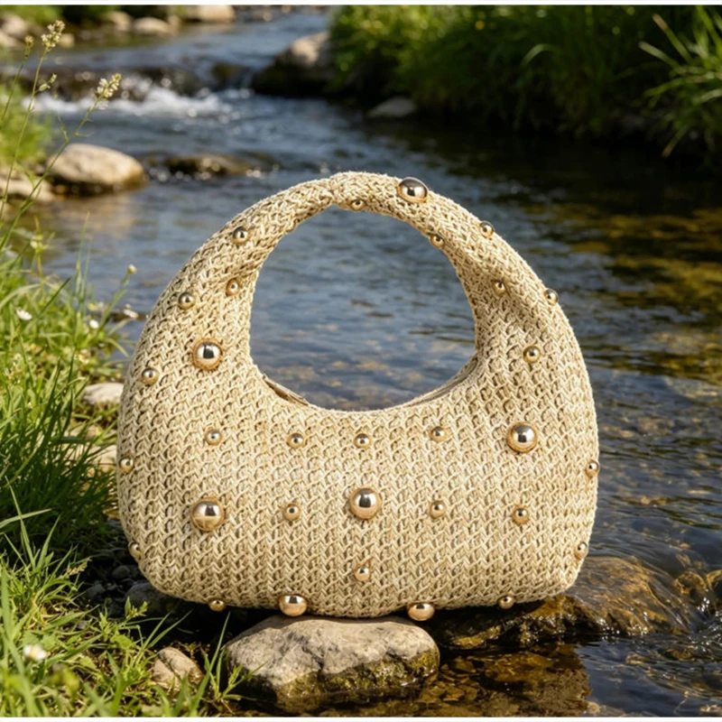 Hobo Crescent Satin Rivet Bead Abendclutch, vielseitige Damenhandtasche, elegante, glänzende Textur, Party, Hochzeit, Abschlussball, schicke Handtasche – Detail 18