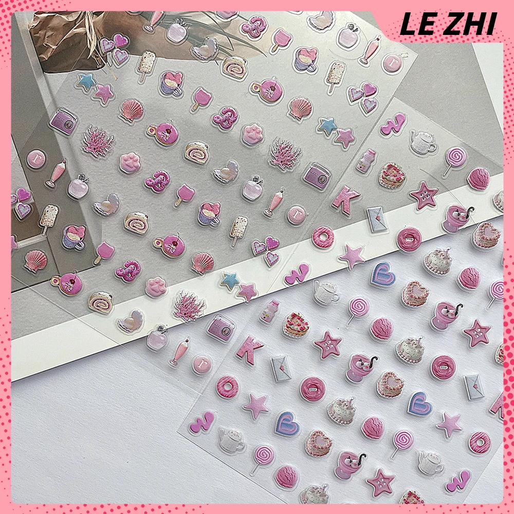 1Pcs 5D Relief Pink Candy Nail Art Kawaii Stickers Dessert Alphabets Pentagram Self Adhesive Slider Sticker Nail Art Decals