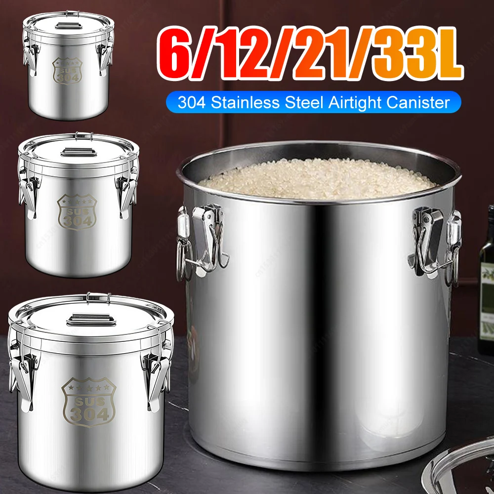 

6/12/21/33L 304 контейнер для хранения продуктов из нержавеющей стали с герметичной крышкой, ведро для хранения пищевого масла, сахара, молока для домашней кухни