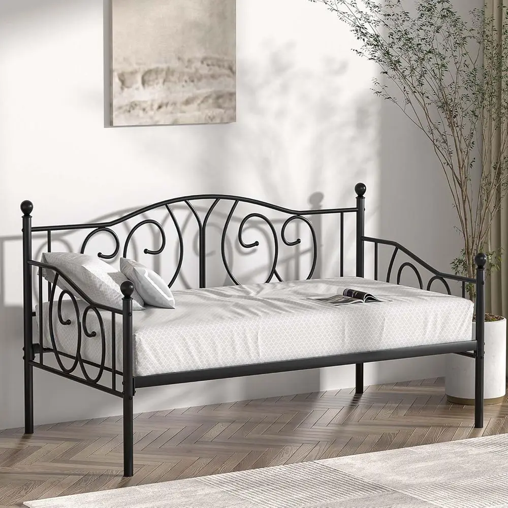 Metal Twin Daybed with Headboard, Heavy-Duty Steel Slats, Multi-Purpose Sofa Bed for Bedrooms, Living Spaces, and Guests, Black