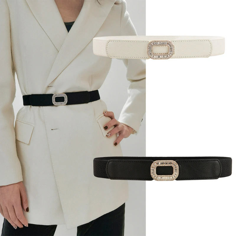 

Fashion Stretch Rhinestone Square Buckle Belt for Women Dress Suit Slim Waistband Casual Gothic Designer Wide Belts