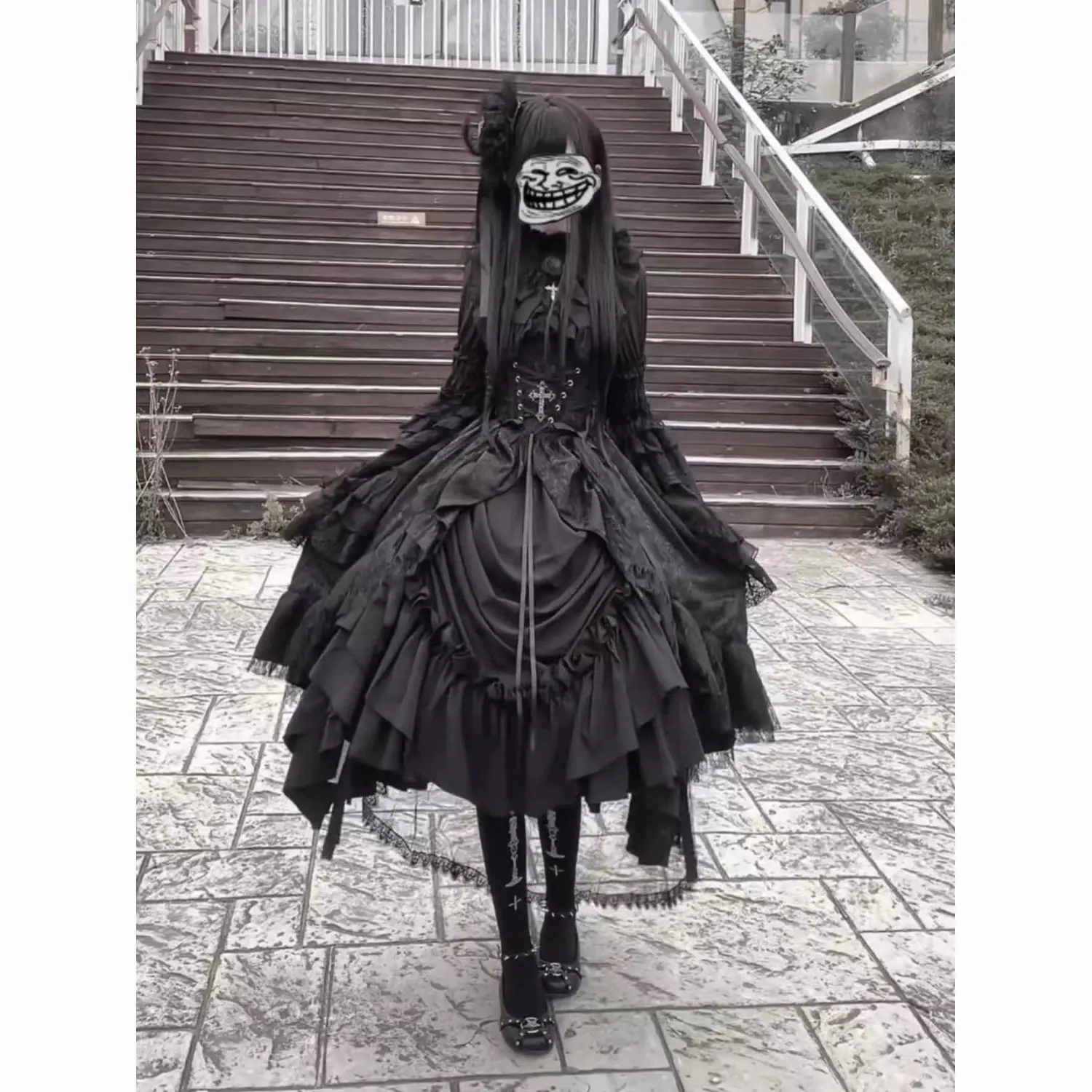 MAGOGO Japanese Style Black Gothic Ruffles Sleeve Shirt High Waist Waistband Y2k Lolita Skirt Women Ruffled Top Long Skirt Sets