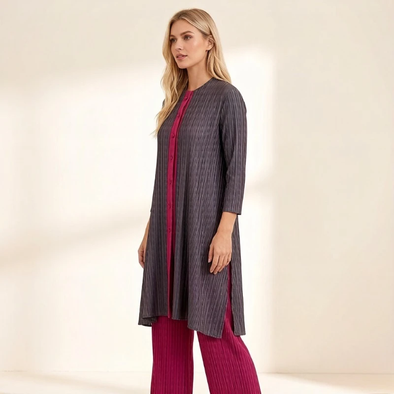 

Miyake Pleated New Fashion Suit for Women Stand Collar Mid-Length Button-Up Top High-Waisted Wide-Leg Pants Two-Piece Set