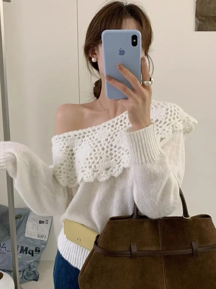 

Корейский женский свитер с рюшами и воротником-стойкой, ранняя осень, мягкий свободный вязаный свитер, милый нежный топ eep Camere