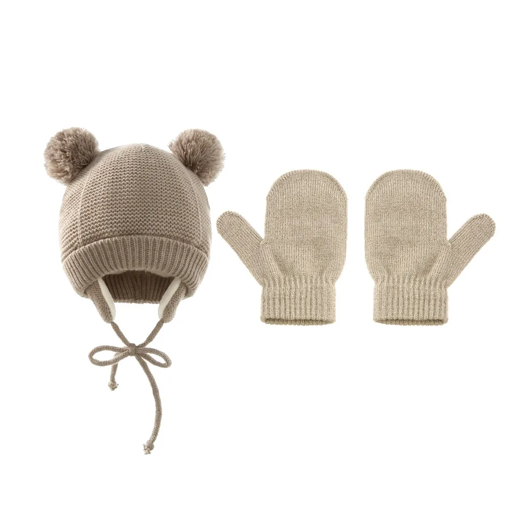 

Cute Fleece Lined Baby Hat Gloves Set With Pom Pom Warm Thicken Baby Knitted Hats Windproof Warm Cap Girls Boys