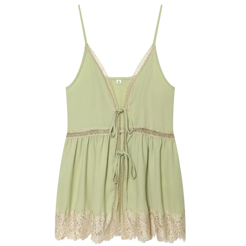 HXAO Slip Lace Top Women Ties Cut Out Green Crop Tops Summer Sleeveless Loose Corset Beach Top Sexy Backless Party Tank Top