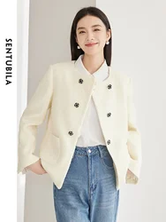 SENTUBILA Cropped Tweed Jacket Round Neck Double Breasted Loose Woolen Coat 2024 Spring Elegant Women's Outerwear 144W57982X