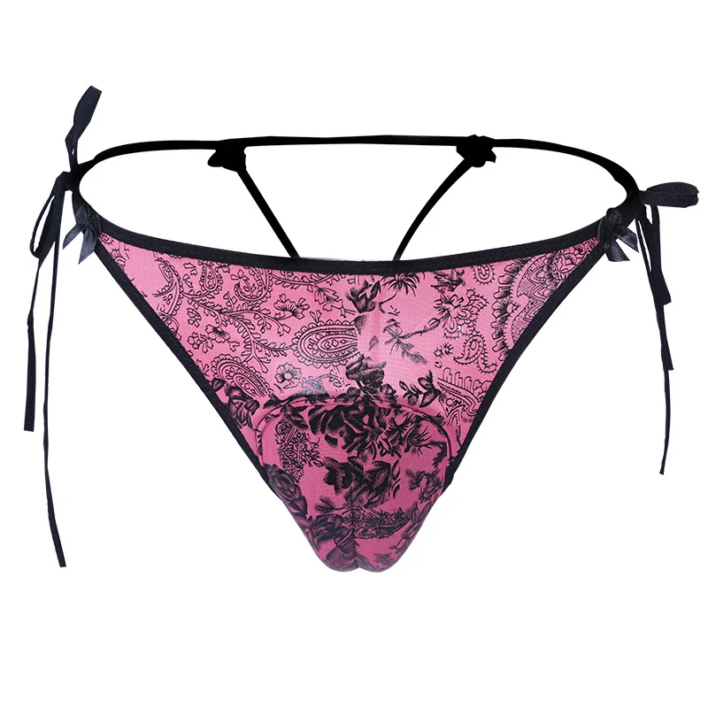 Men Sexy Camel Toe Underwear Vintage Floral Print Sissy G-String Thongs Side Tie T-Back Briefs Crossdresser Hiding Gaff Panties