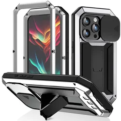 Tempered Glass Armor Metal Case For iPhone 17 16 15 14 13 Pro Max Heavy Duty Cover Shockproof with Camera Lens Protection Holder