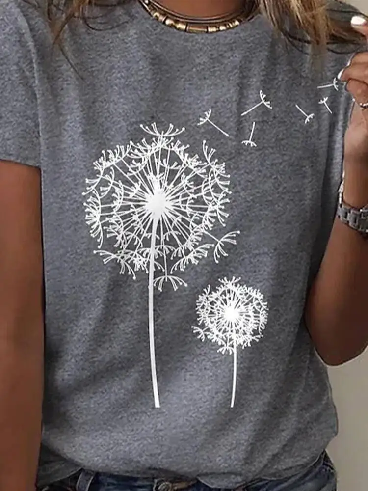 

Dandelion Print Crew Neck T Shirt Casual Short Sleeve Top For Spring Summer Women S Clothing