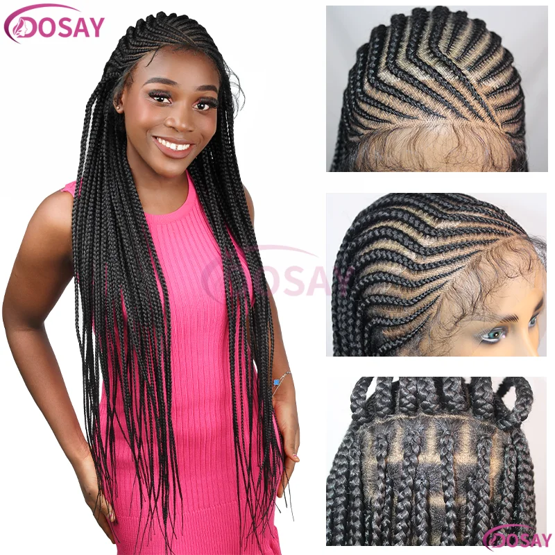 36 "شعر مستعار اصطناعي كامل الدانتيل الجبهة الباروكات للنساء السود Knotless صندوق تجديل الشعر شعر مستعار أسود للبيع #4