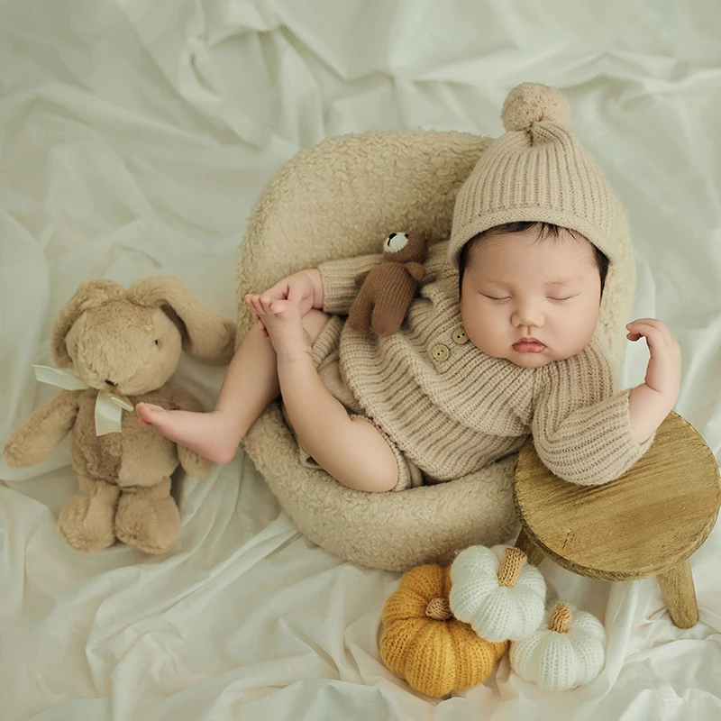 Roupa Fotográfica Recém-nascida De Malha, Chapéu De Bola, Boneca De Coelho, Decoração De Tiro De Abóbora, Adereços De Mesa Redonda, Roupas De Bebê Menino E Menina, Conjunto De Macacão