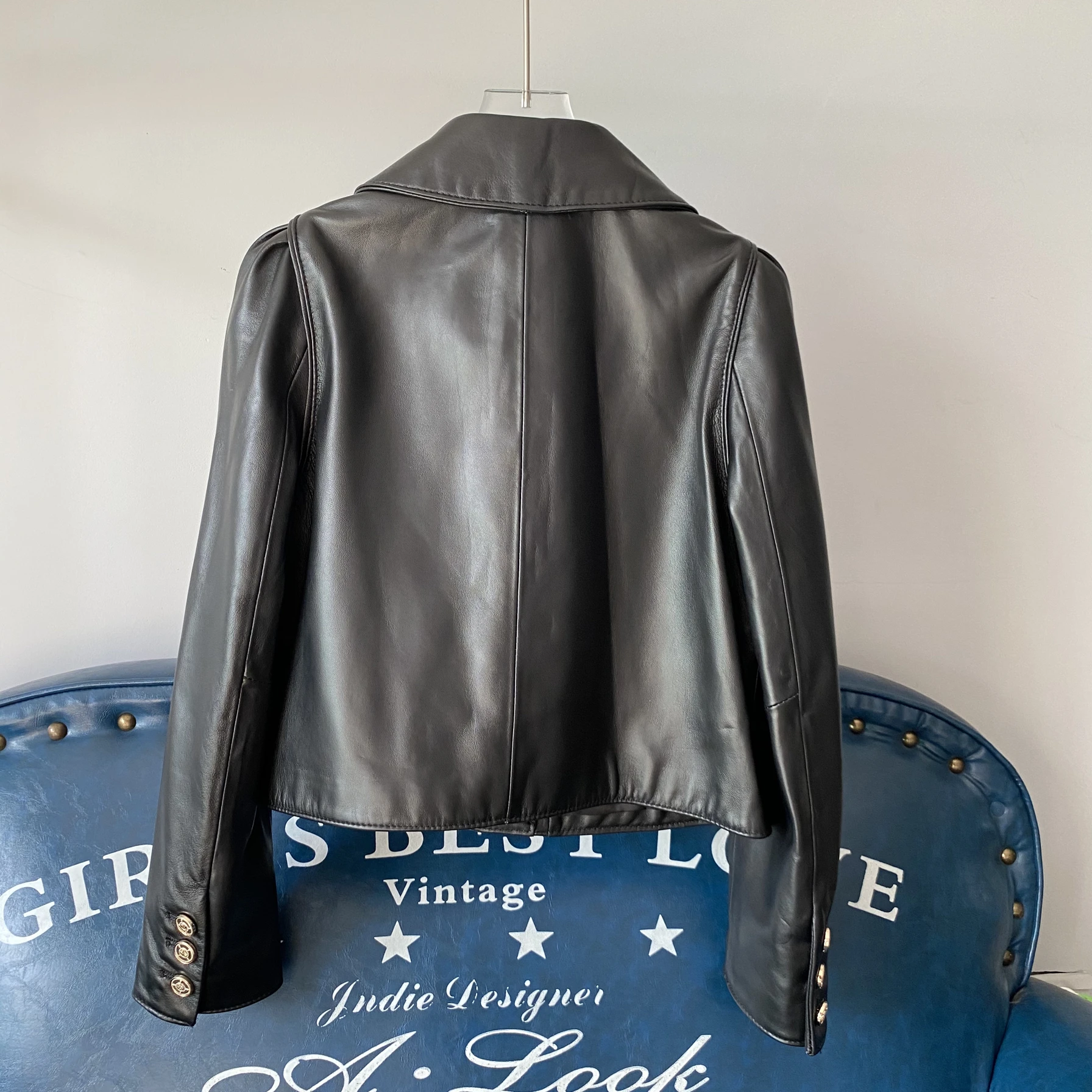 معطف Bla eepskin Jaet ذو ياقة دمية من الجلد الطبيعي للنساء لربيع وخريف معطف أنيق للتنقل بطول ort